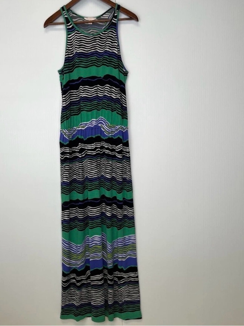 Tori Richard Green, Black & Blue Striped Maxi Dress